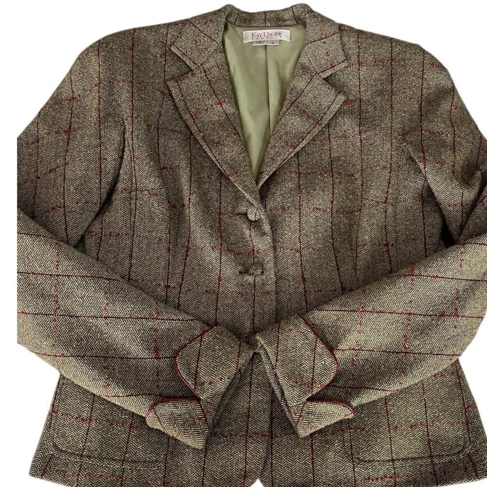 Kay Unger Women Green Red Plaid Timeless Classic Wool Silk Blend Blazer Jacket 6 - Picture 4 of 13